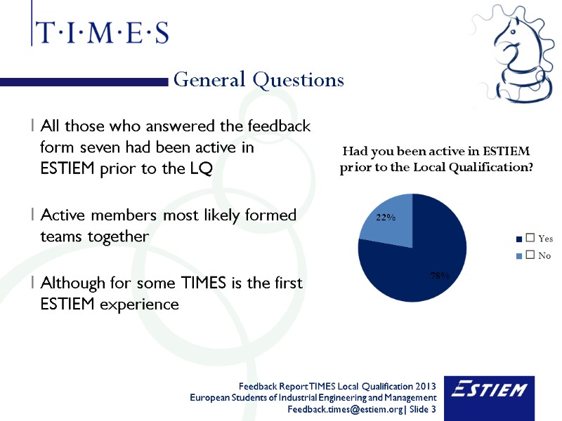 General Questions All those who answered the feedback form seven had been active in